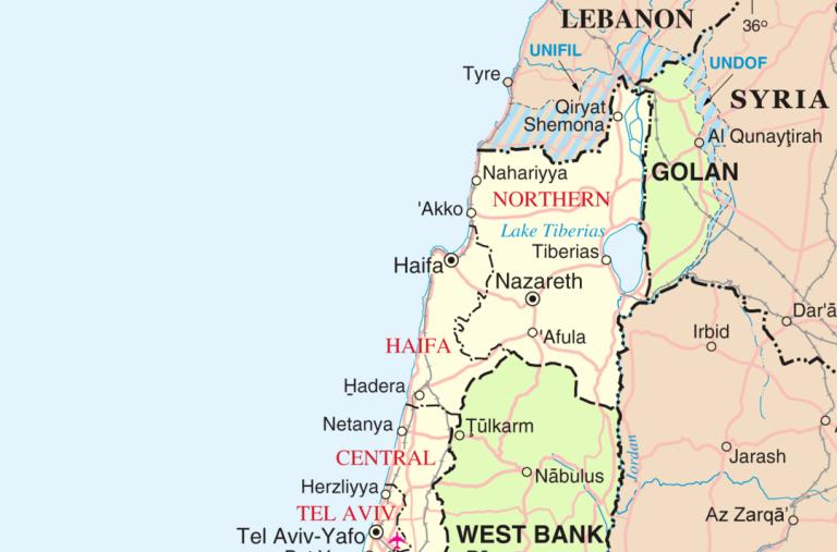 Map of nothern Israel and Israel's borders with Lebanon, Syria, and Jordan. Source: Wikimedia Commons