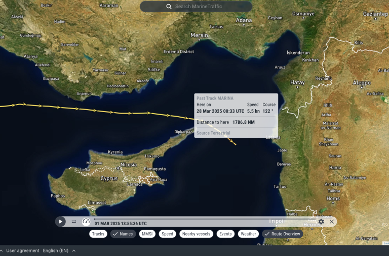 Screenshot from MarineTraffic shows tracks of the Marina between Cyprus and Syria on March 28, 2025. 