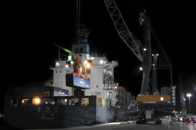 The container ship Jin Shun He (IMO 9144316) docked at the port of NEOM in Oxagon. Photo credit: Photo credit: @NEOMOxagon, posted on X (formerly Twitter), April 15, 2024, https://x.com/NEOMOxagon/status/1779799779230302424. .